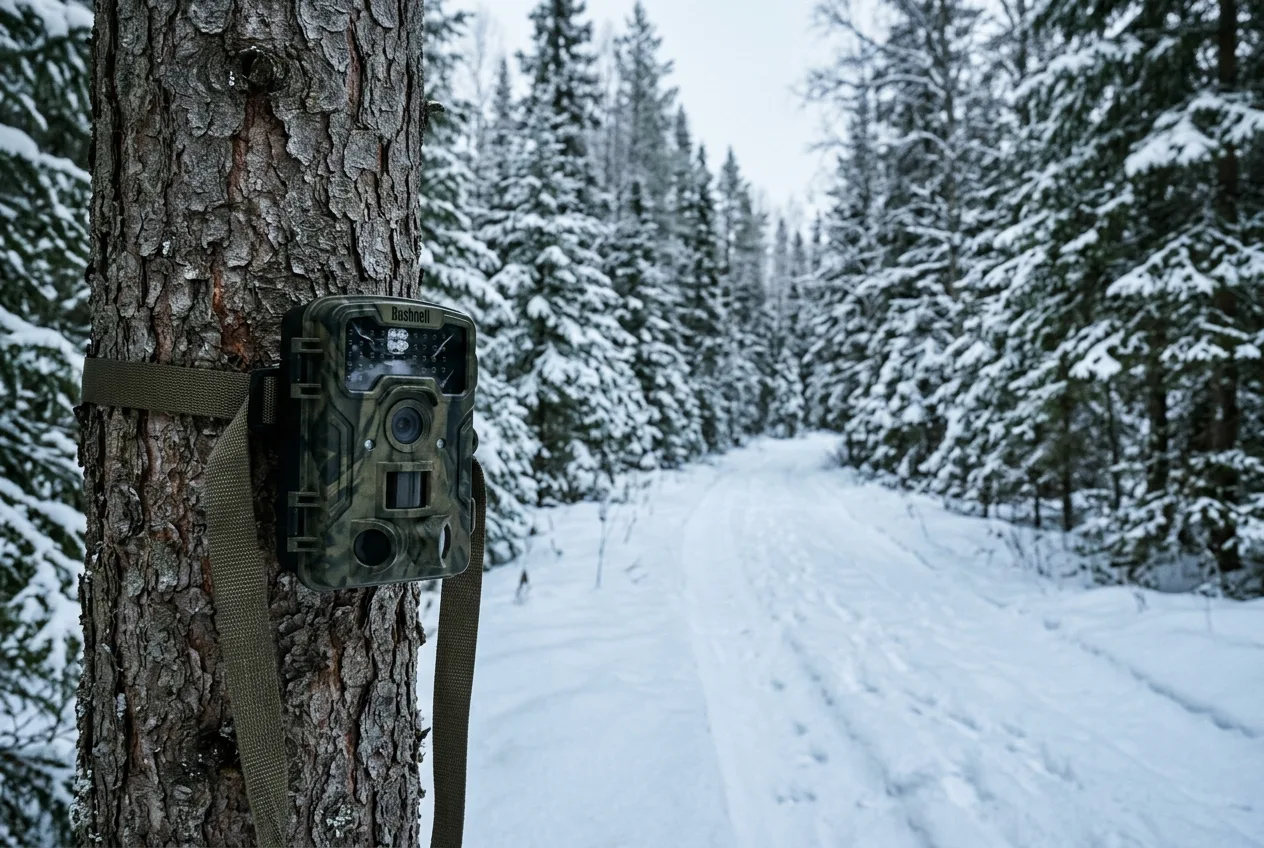 Ett viltkamera fäst mot en granstam riktat mot en snöig skogsbilväg