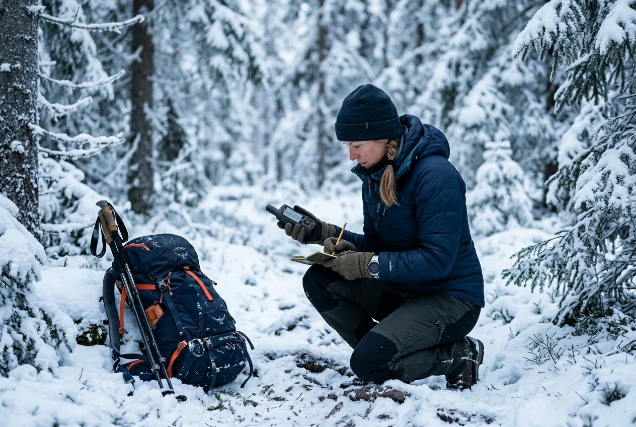 En person registrerar en fyndplats med GPS och anteckningar i snöig terräng