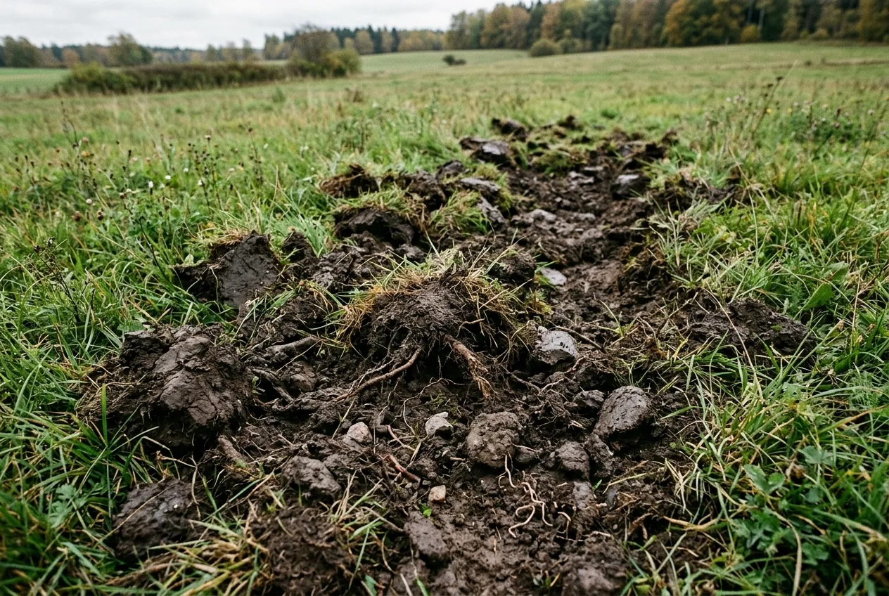 Uppbökad jord i en gräsmark där vildsvin har letat efter föda
