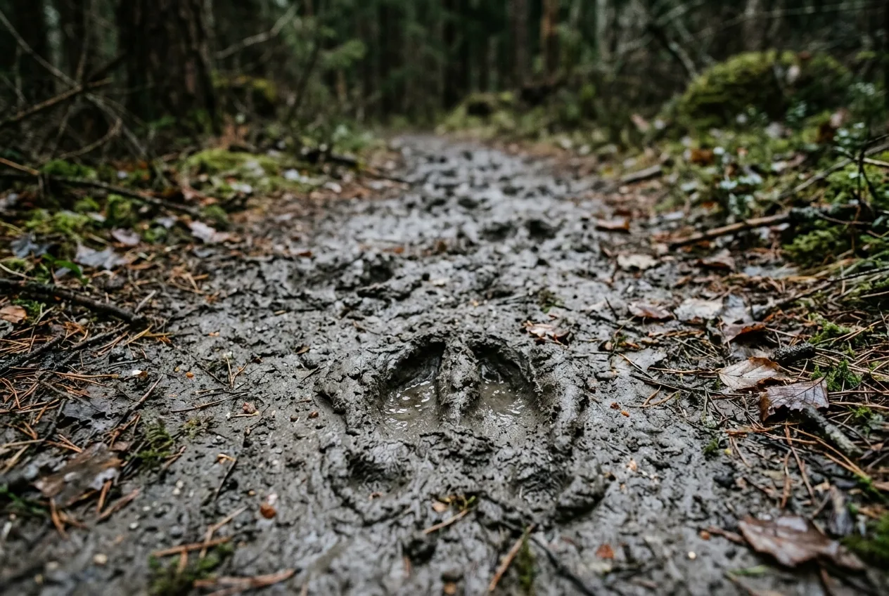 Klövspår av vildsvin i blöt lera vid en stig