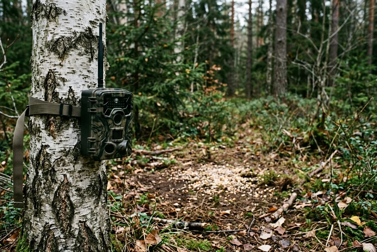 Ett åtelkamera fäst vid ett träd riktat mot en öppen åtelplats i svensk skog