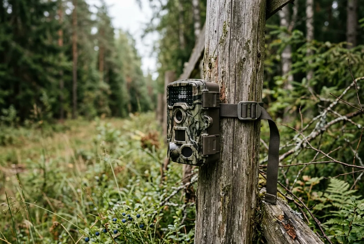 Närbild på ett viltkamera monterat på en stolpe i kanten av privat skogsmark