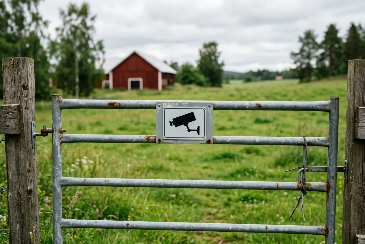 En liten informationsskylt om kamerabevakning på en grind vid en svensk landsväg