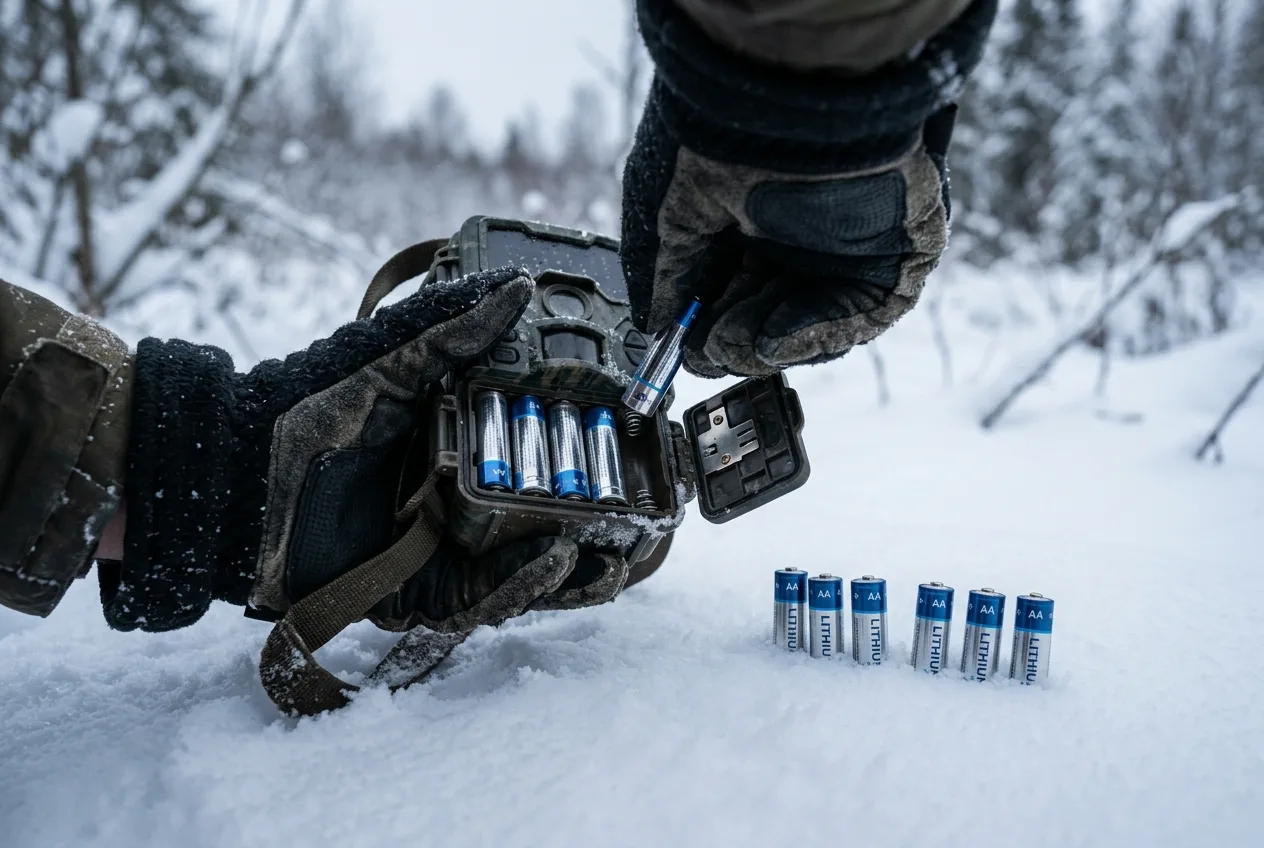 En hand i vante lägger litiumbatterier i ett öppnat viltkamera ute i snön