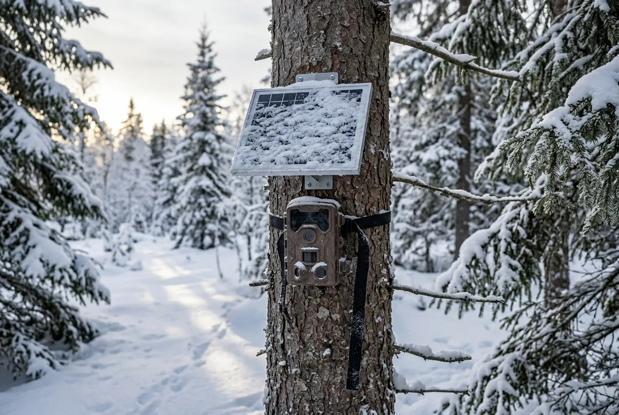 En liten solpanel täckt av snö monterad ovanför ett viltkamera i vinterskogen