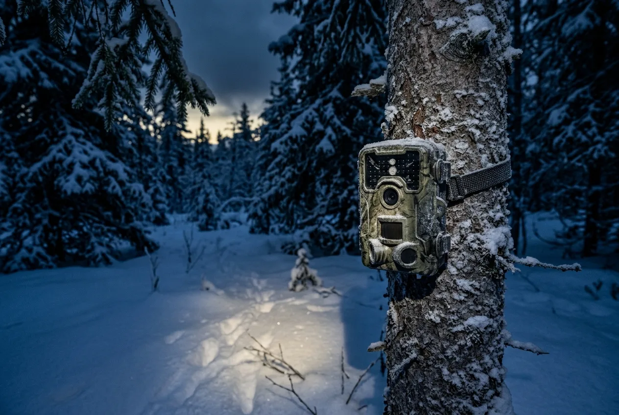 En viltkamera på en granstam i polarnattens blå skymning, IR-lysdioderna belyser snön framför linsen