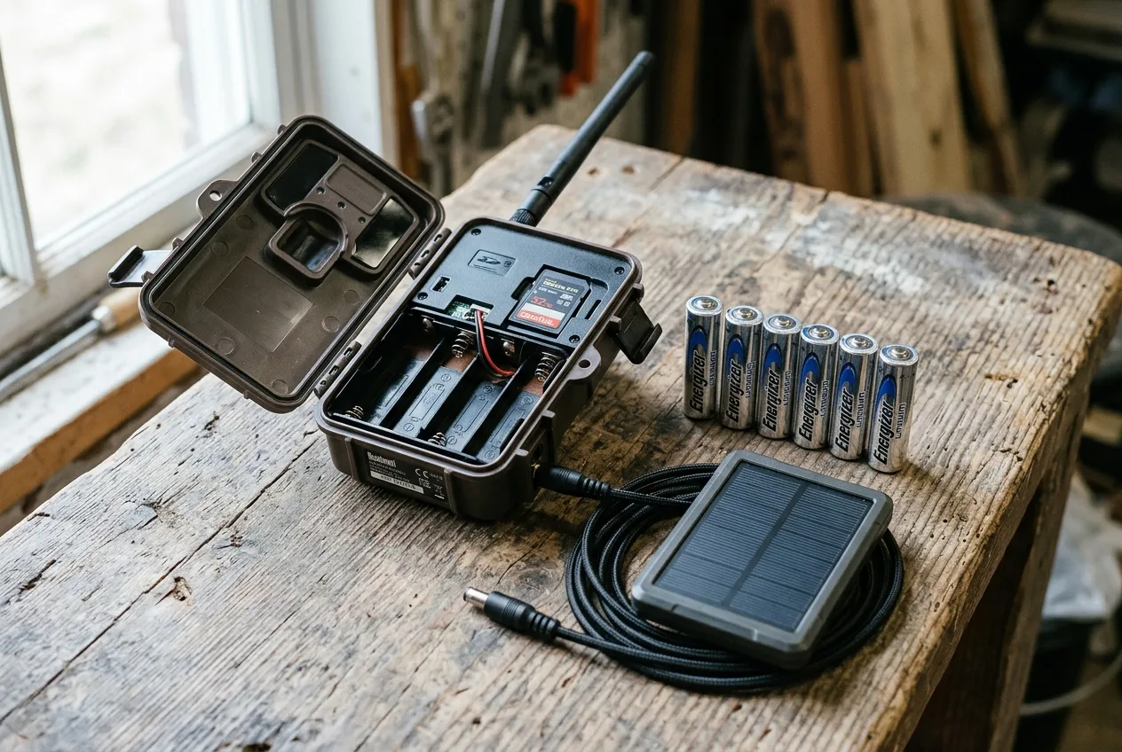 Litium-AA-batterier och en liten solpanel bredvid en öppen viltkamera på en träyta