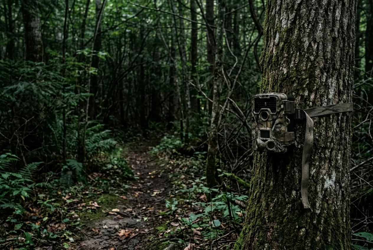 En viltkamera monterad lågt på ett träd längs en svag viltstig djupt inne i tät skog