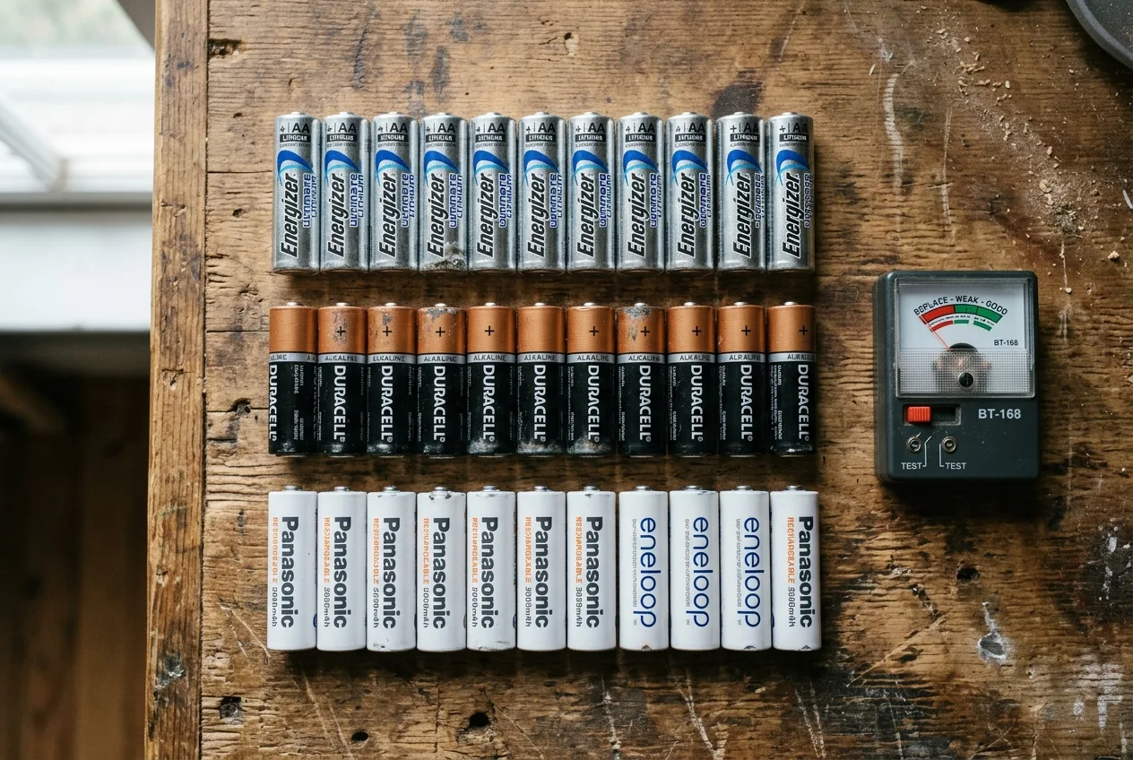 Tre sorters AA-batterier utlagda sida vid sida på ett träbord i mjukt ljus