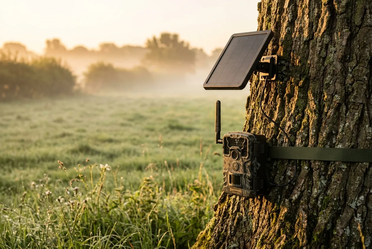 En viltkamera med mobilnät och antenn ihopparad med en liten solpanel på ett träd vid soluppgång