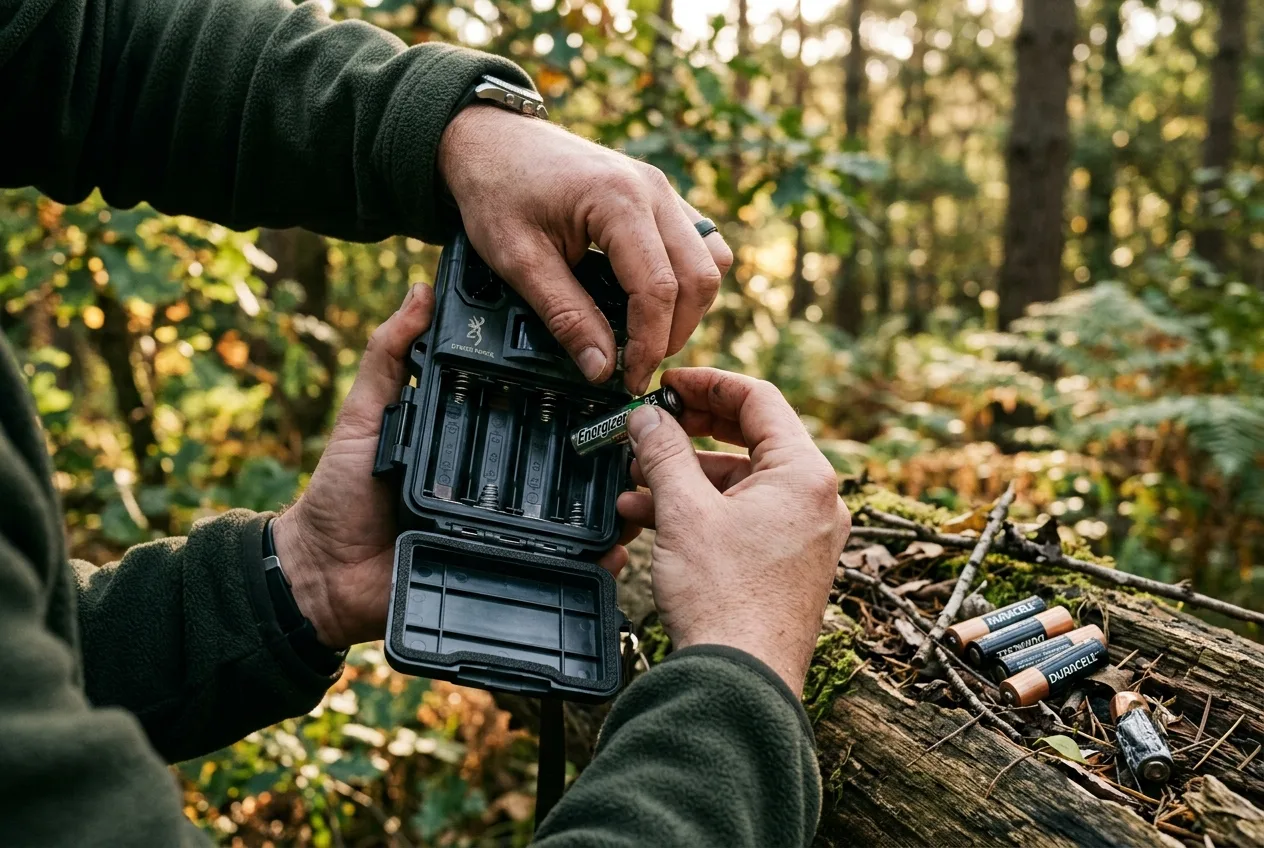 En hand som sätter i AA-batterier i en viltkameras öppna batterifack utomhus