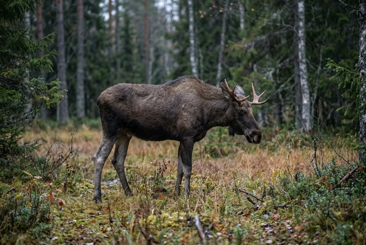 En person med sänkt huvud står i en glänta och avmagrad älg med utstående höftben i flackt skymningsljus