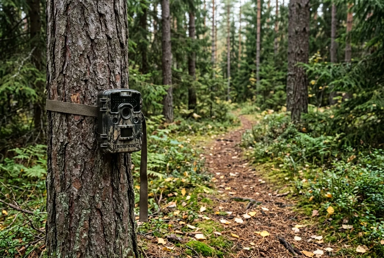 En kamouflerad viltkamera fäst vid en tallstam riktad längs en vilttråkk i en svensk barrskog
